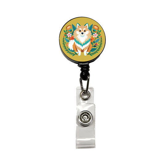 Pomsky Floral Motif Dog Retractable ID Key Card Name Tag Badge Holder with Clip