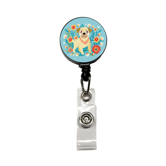Puggle Floral Motif Blue Dog Retractable ID Key Card Name Tag Badge Holder with Clip