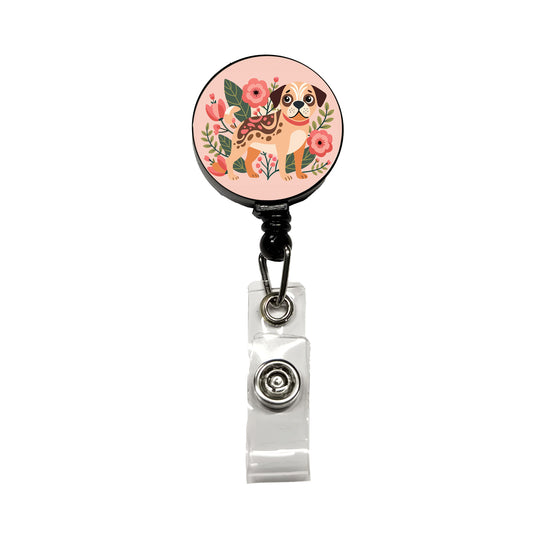 Puggle Floral Motif Pink Dog Retractable ID Key Card Name Tag Badge Holder with Clip
