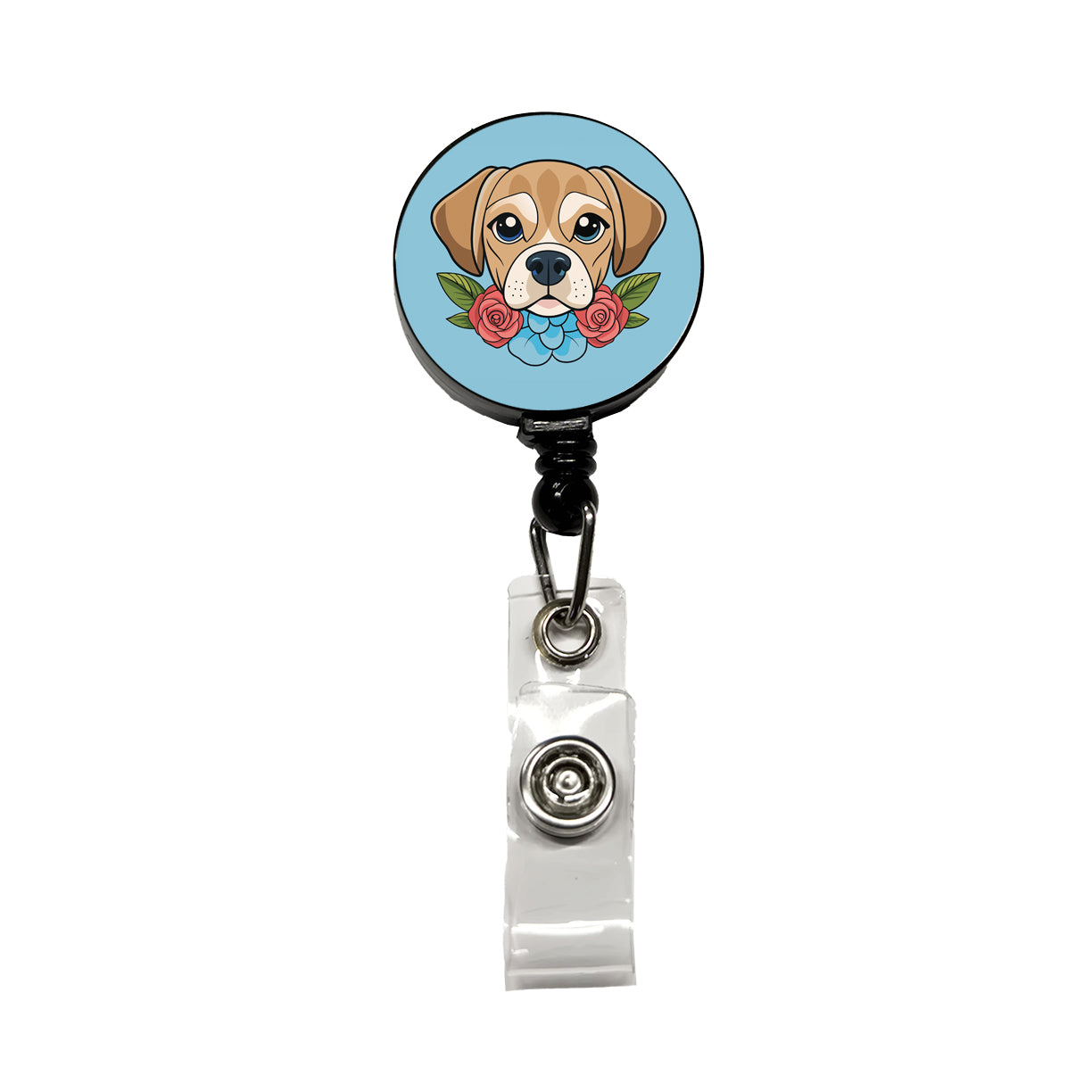 Puggle Head Floral Motif Blue Dog Retractable ID Key Card Name Tag Badge Holder with Clip