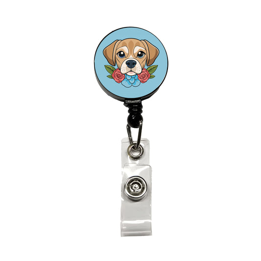Puggle Head Floral Motif Blue Dog Retractable ID Key Card Name Tag Badge Holder with Clip