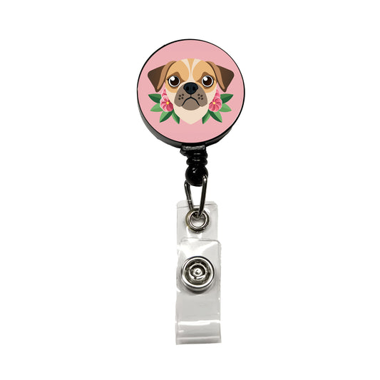 Puggle Head Floral Motif Pink Dog Retractable ID Key Card Name Tag Badge Holder with Clip