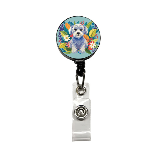 Schnoodle Floral Motif Blue Dog Retractable ID Key Card Name Tag Badge Holder with Clip