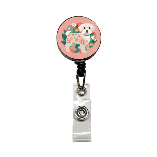 Schnoodle Floral Motif Cute Dog Retractable ID Key Card Name Tag Badge Holder with Clip