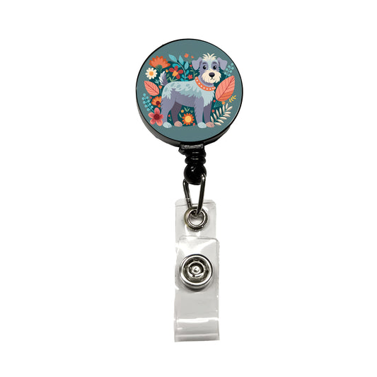 Schnoodle Floral Motif Dog Gray Retractable ID Key Card Name Tag Badge Holder with Clip