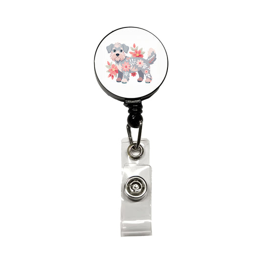 Schnoodle Floral Motif Dog Retractable ID Key Card Name Tag Badge Holder with Clip