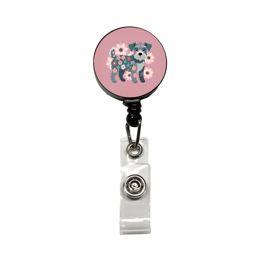 Schnoodle Floral Motif Pink Dog Retractable ID Key Card Name Tag Badge Holder with Clip
