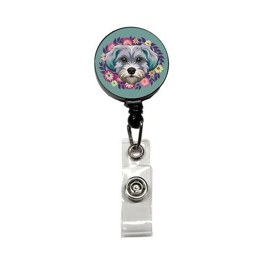 Schnoodle Head Floral Motif Dog Cute Retractable ID Key Card Name Tag Badge Holder with Clip