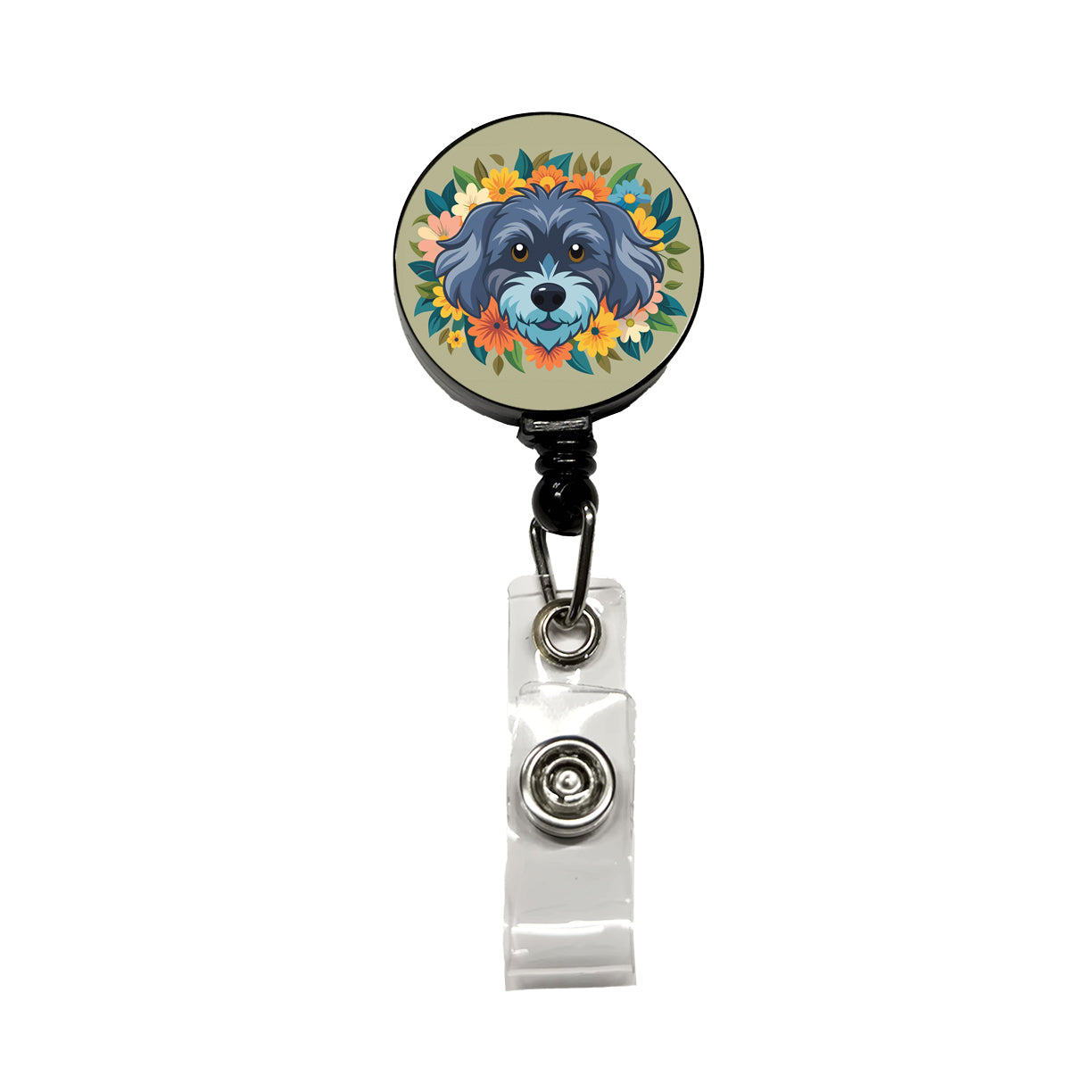 Schnoodle Head Floral Motif Dog Retractable ID Key Card Name Tag Badge Holder with Clip