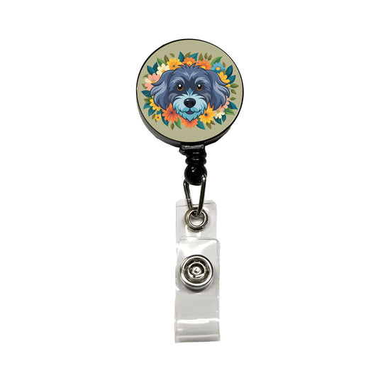 Schnoodle Head Floral Motif Dog Retractable ID Key Card Name Tag Badge Holder with Clip