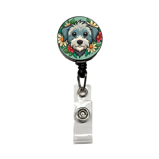 Schnoodle Head Floral Motif Green Dog Retractable ID Key Card Name Tag Badge Holder with Clip