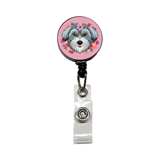 Schnoodle Head Floral Motif Pink Dog Retractable ID Key Card Name Tag Badge Holder with Clip