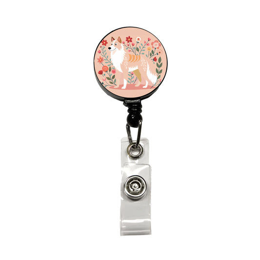 Siberian Retriever Floral Motif Dog Cute Retractable ID Key Card Name Tag Badge Holder with Clip