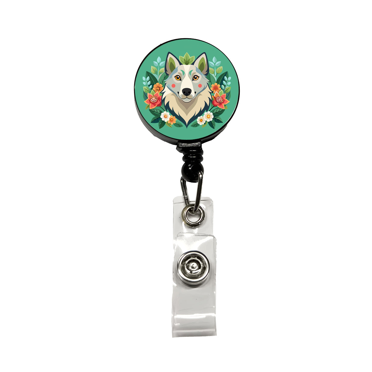 Siberian Retriever Head Floral Motif Green Dog Retractable ID Key Card Name Tag Badge Holder with Clip