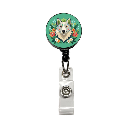 Siberian Retriever Head Floral Motif Green Dog Retractable ID Key Card Name Tag Badge Holder with Clip