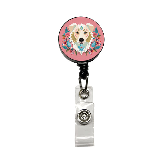 Siberian Retriever Head Floral Motif Pink Dog Retractable ID Key Card Name Tag Badge Holder with Clip