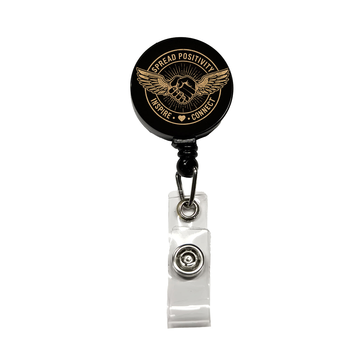 Spread Positivity Black Tan Retractable ID Key Card Name Tag Badge Holder with Clip