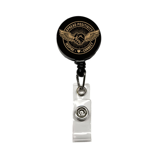 Spread Positivity Black Tan Retractable ID Key Card Name Tag Badge Holder with Clip