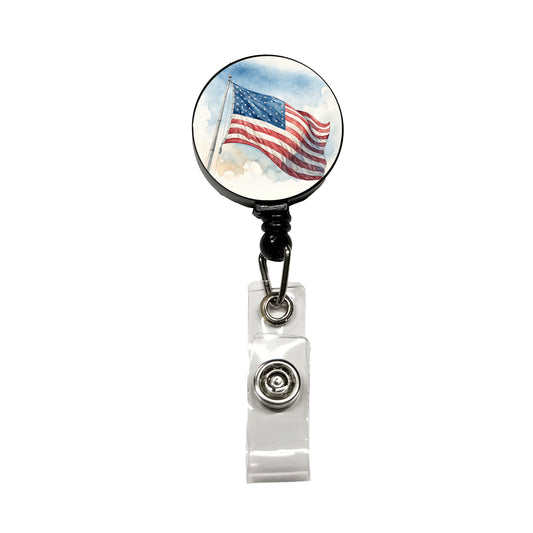 Waving American Flag Watercolor USA United States Retractable ID Key Card Name Tag Badge Holder with Clip