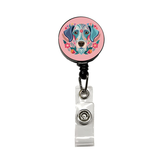 Weimador Head Floral Motif Light Pink Dog Retractable ID Key Card Name Tag Badge Holder with Clip