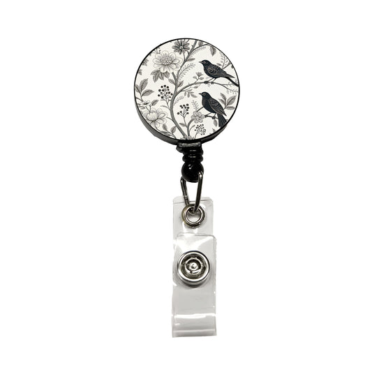 Black On White Toile With Birds Retractable ID Key Card Name Tag Badge Holder with Clip