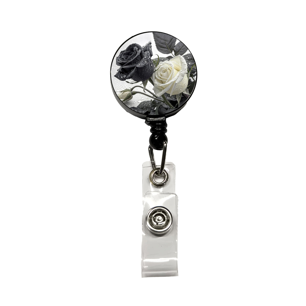 Black White Roses Dewy Retractable ID Key Card Name Tag Badge Holder with Clip