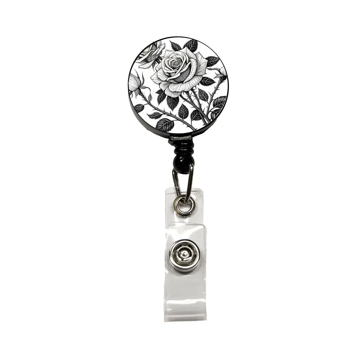 Black White Roses Retractable ID Key Card Name Tag Badge Holder with Clip
