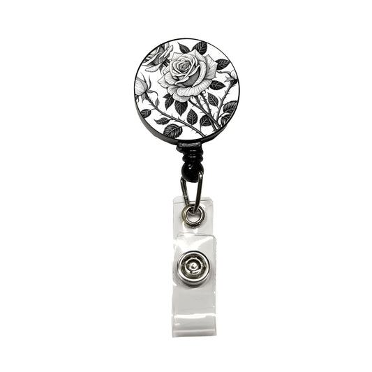 Black White Roses Retractable ID Key Card Name Tag Badge Holder with Clip
