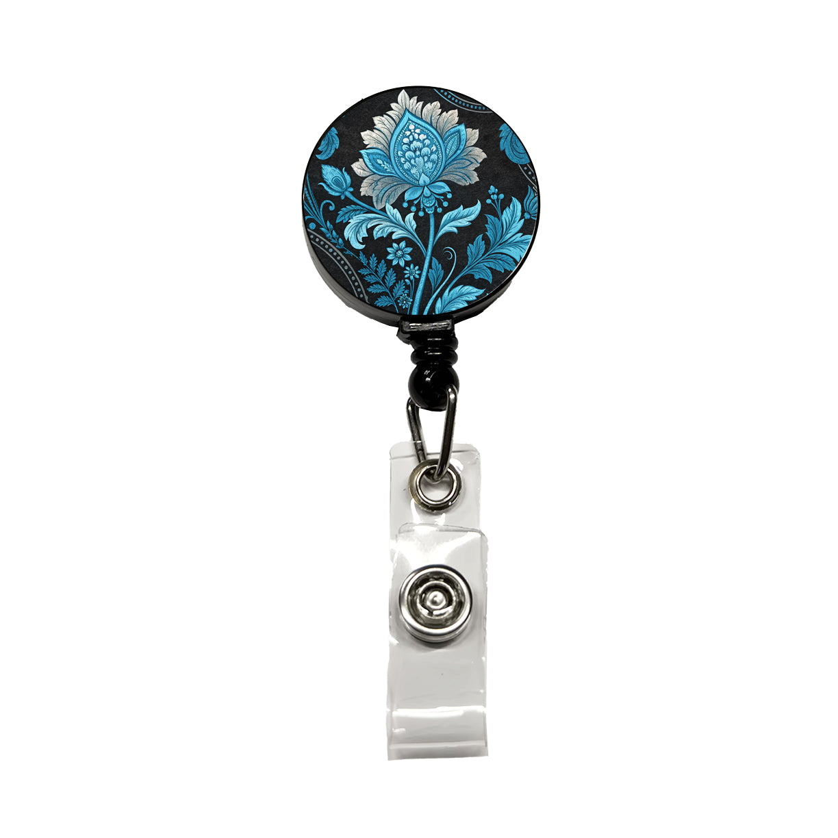 Blue Damask On Black Retractable ID Key Card Name Tag Badge Holder with Clip