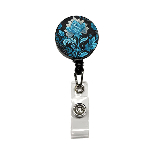 Blue Damask On Black Retractable ID Key Card Name Tag Badge Holder with Clip