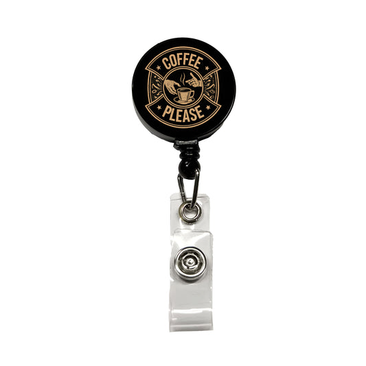 Coffee Please Black Tan Retractable ID Key Card Name Tag Badge Holder with Clip
