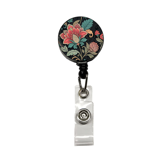 Damask Pretty On Black Retractable ID Key Card Name Tag Badge Holder with Clip