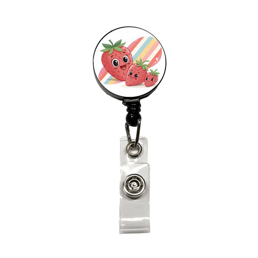 Kawaii Strawberries Diagonal Stripes Retractable ID Key Card Name Tag Badge Holder with Clip
