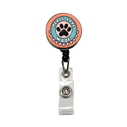 Peace Love Woof Dogs Paw Print Retractable ID Key Card Name Tag Badge Holder with Clip