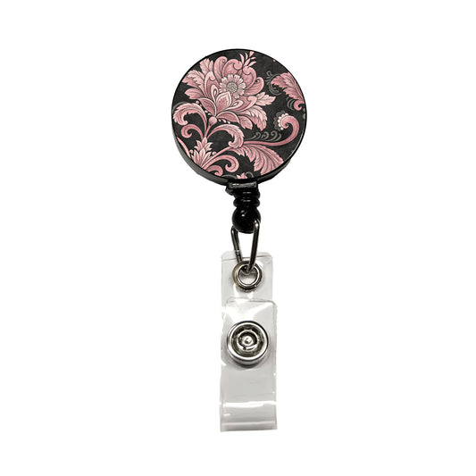 Pink Damask On Black Retractable ID Key Card Name Tag Badge Holder with Clip