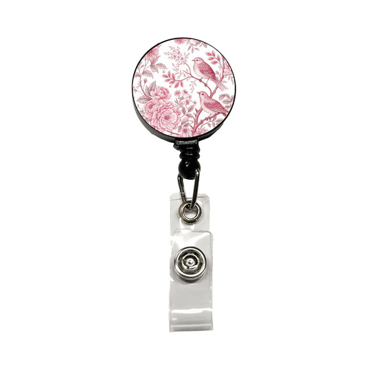 Pink On White Toile With Birds Retractable ID Key Card Name Tag Badge Holder with Clip