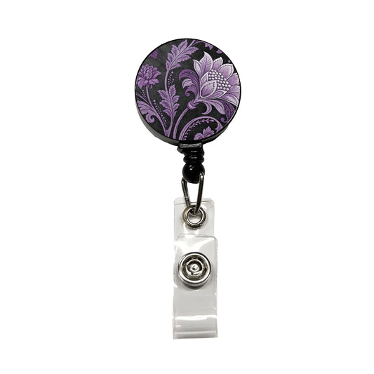 Purple Damask On Black Retractable ID Key Card Name Tag Badge Holder with Clip