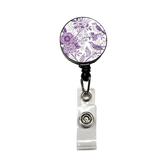 Purple On White Toile With Birds Retractable ID Key Card Name Tag Badge Holder with Clip