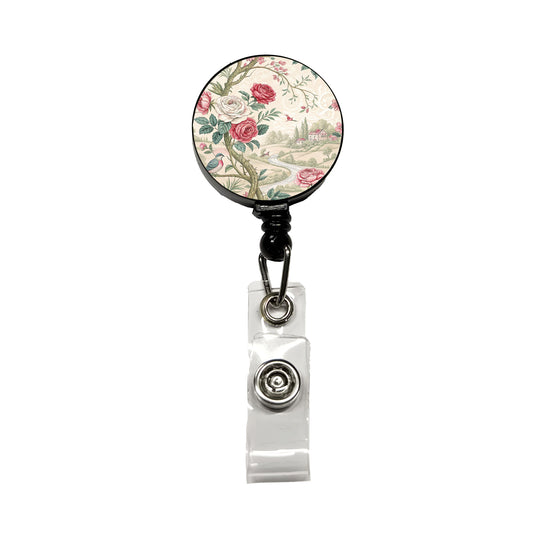 Toile Pattern Flowers Birds Retractable ID Key Card Name Tag Badge Holder with Clip