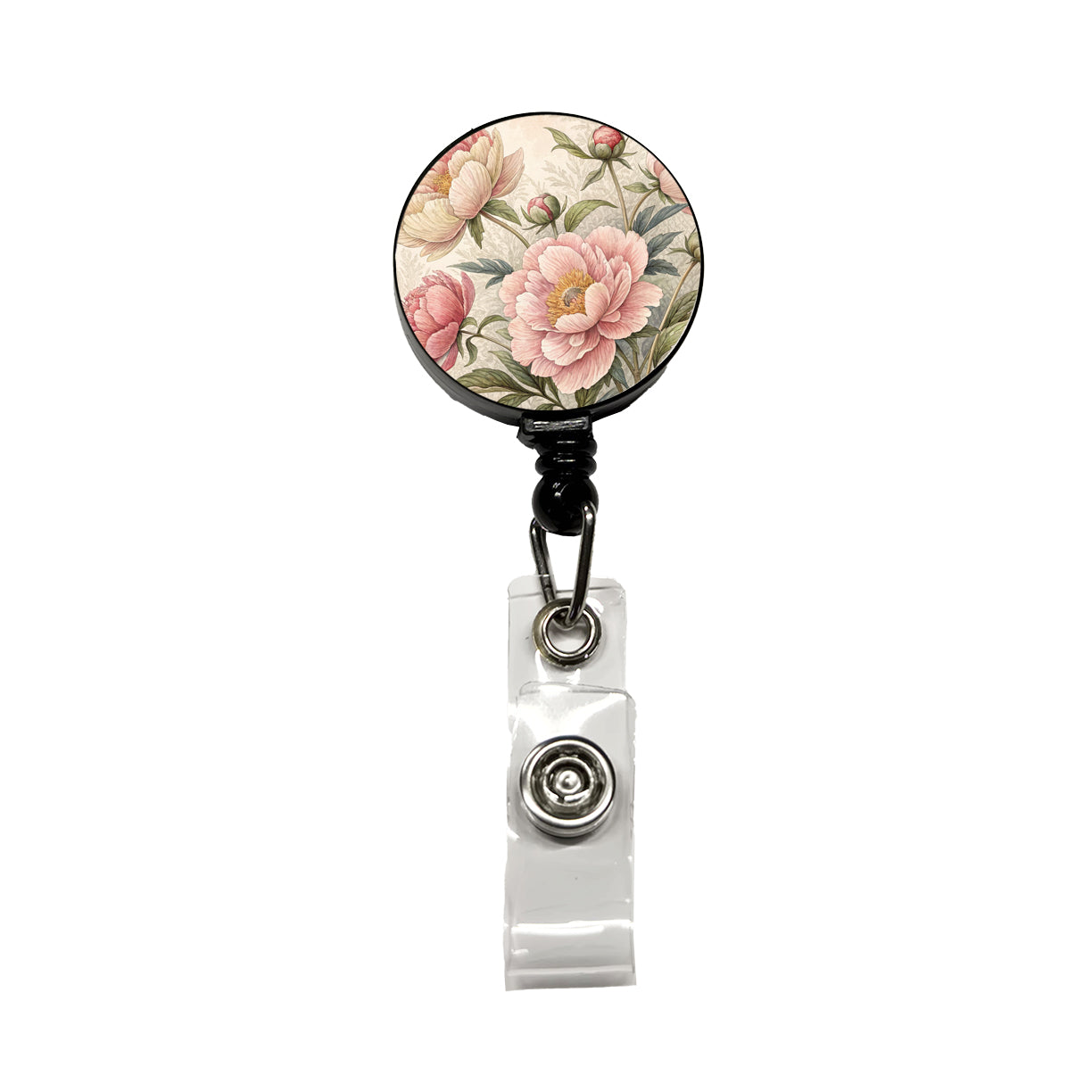 Vintage Peony Flowers Retractable ID Key Card Name Tag Badge Holder with Clip