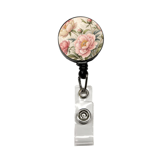 Vintage Peony Flowers Retractable ID Key Card Name Tag Badge Holder with Clip