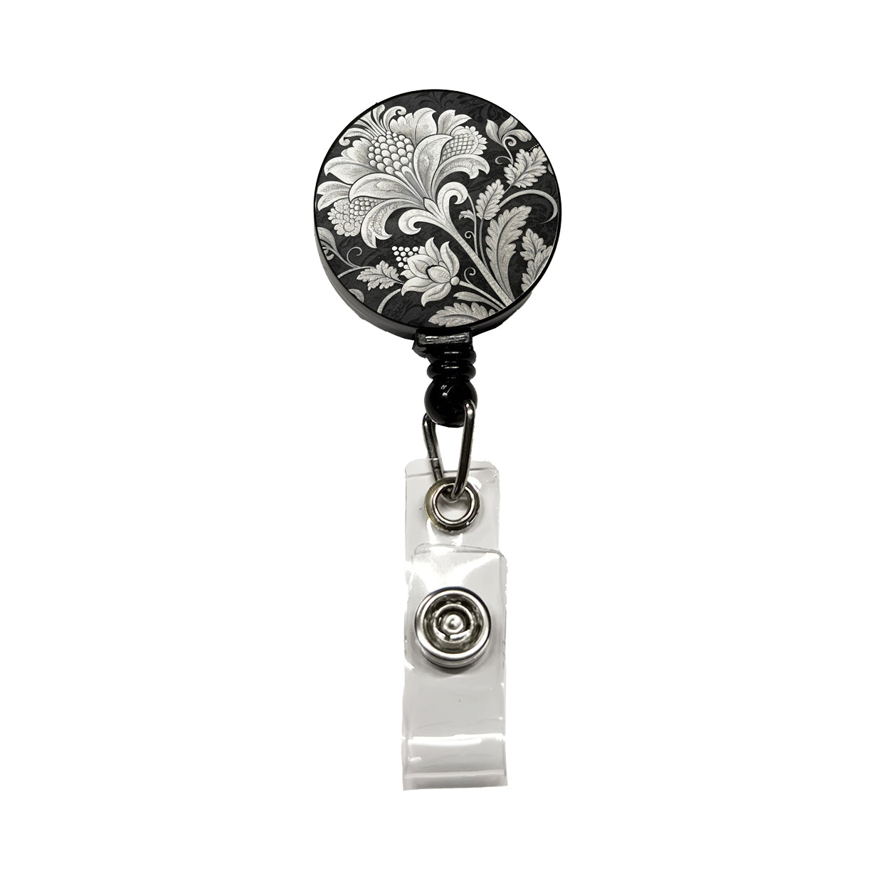 White Damask On Black Retractable ID Key Card Name Tag Badge Holder with Clip