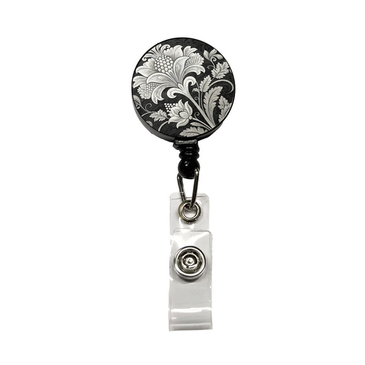 White Damask On Black Retractable ID Key Card Name Tag Badge Holder with Clip