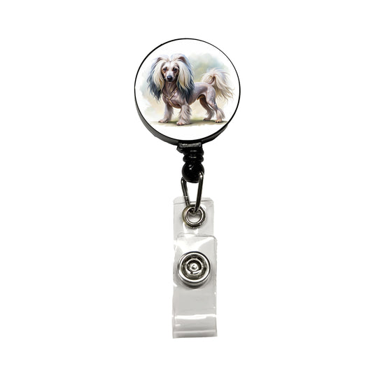 Chinese Crested Dog Illustration Retractable ID Key Card Name Tag Badge Holder with Clip