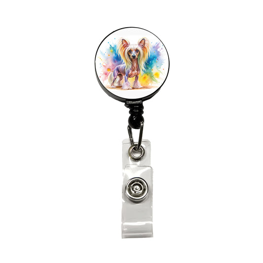 Chinese Crested Dog Watercolor Style Retractable ID Key Card Name Tag Badge Holder with Clip