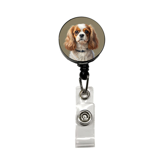 English Toy Spaniel Dog Illustration Retractable ID Key Card Name Tag Badge Holder with Clip