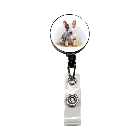 Miniature Bull Terrier Dog Illustration Retractable ID Key Card Name Tag Badge Holder with Clip