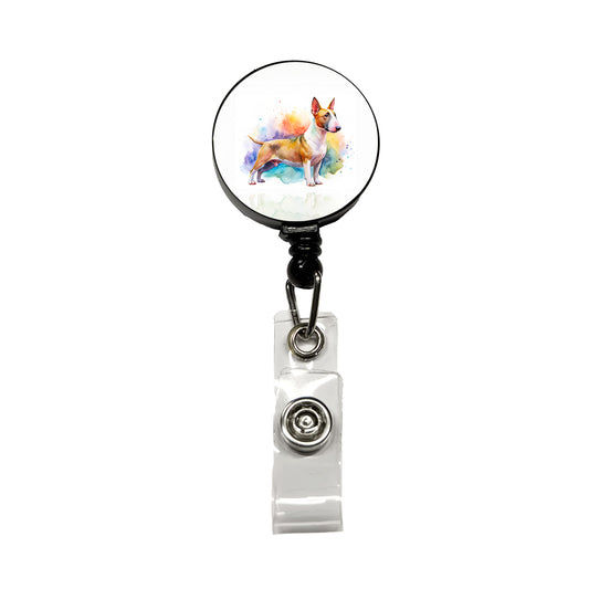 Miniature Bull Terrier Dog Watercolor Style Retractable ID Key Card Name Tag Badge Holder with Clip