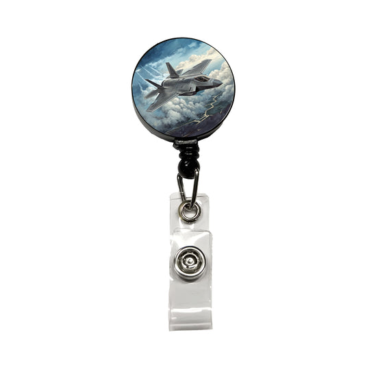 F-35 in Cloudy Sky US Air Force Navy Marines Plane Retractable ID Key Card Name Tag Badge Holder with Clip