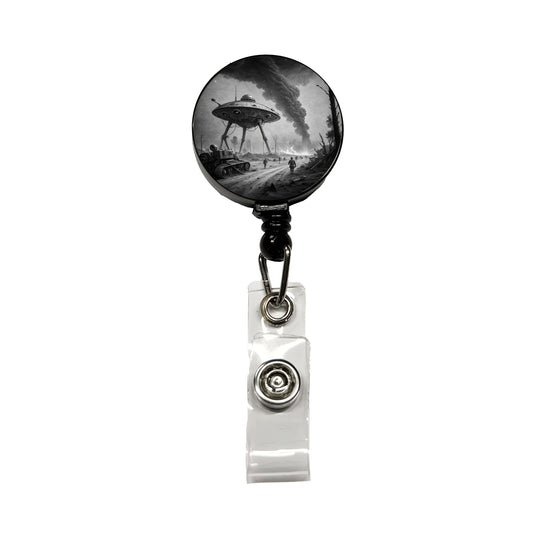 Martian Alien Invasion Tripod War Machine Retro Black and White Retractable ID Key Card Name Tag Badge Holder with Clip